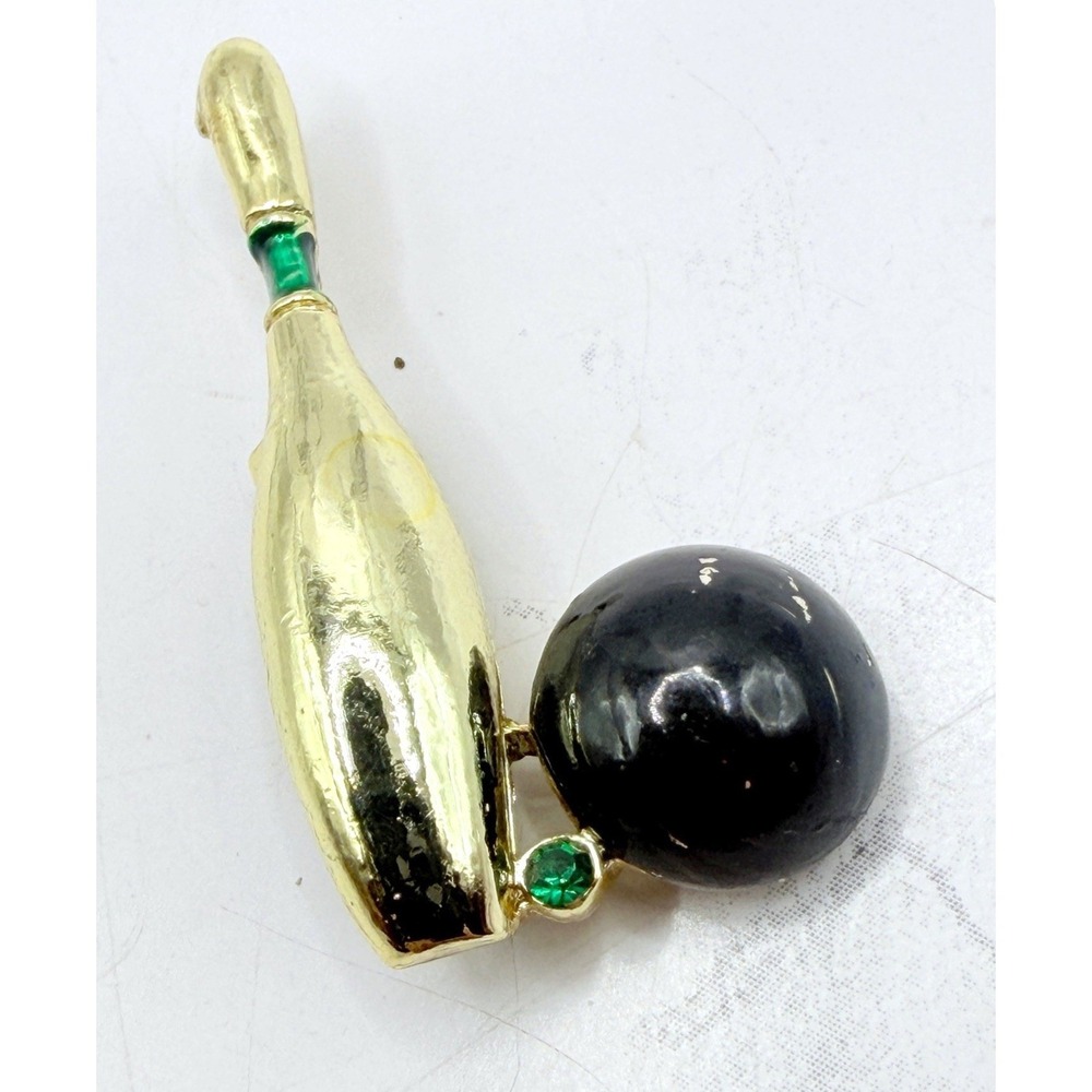 Gerry's Novelty Bowling Ball & Pin Brooch Pin Black Bead Green Rhinestone 1.5"